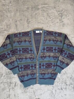Vintage Sears The Men's Store Geometric Cardigan Size Large Blue